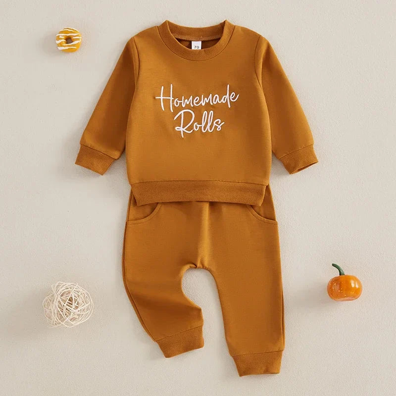 Baby Toddler Girl Boy 2Pcs Homemade Rolls Fall Thanksgiving Outfit Letter Embroidery Long Sleeve Top with Solid Pants Jogger Set