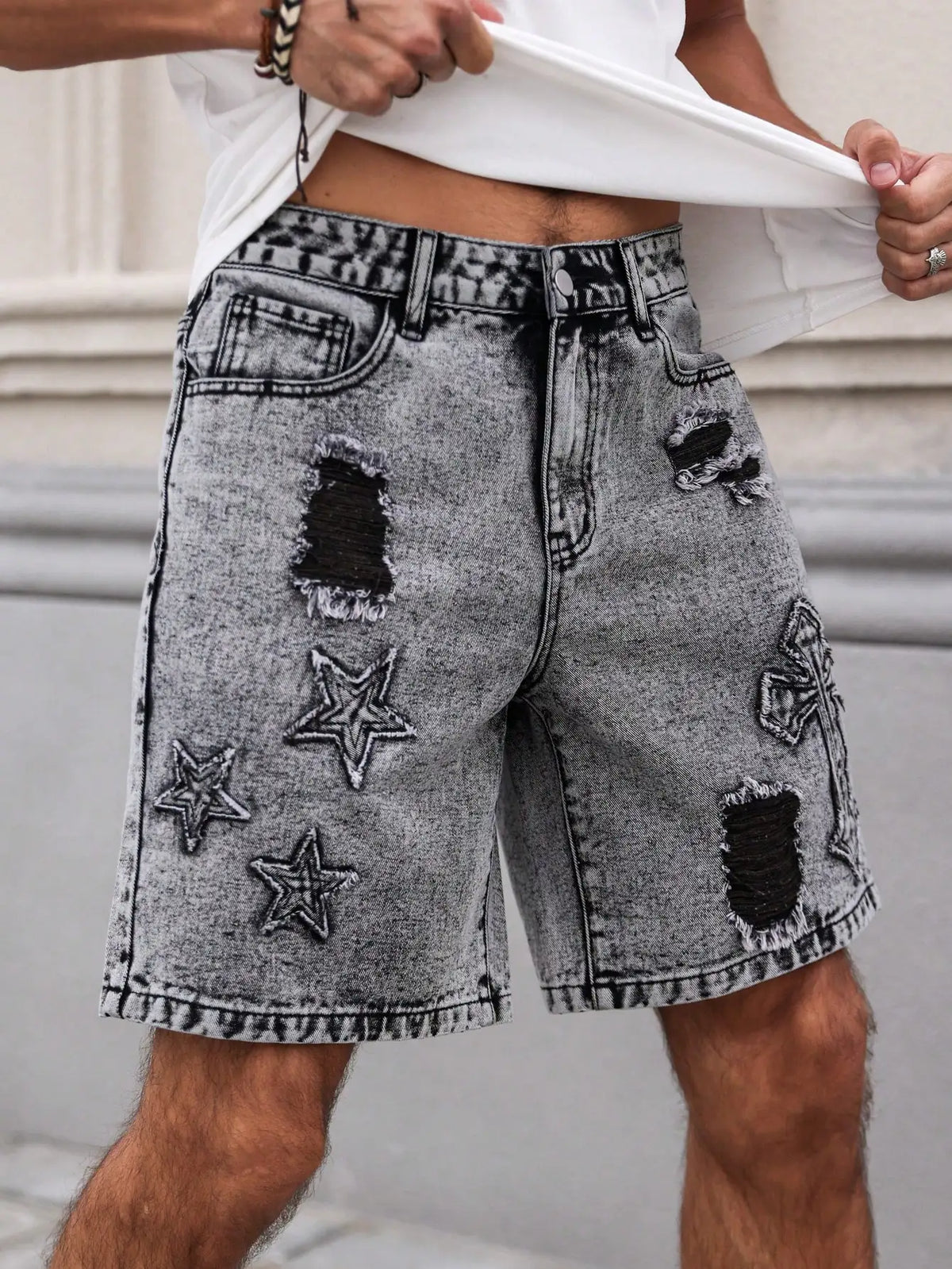 Men's Summer Denim Shorts. Straight-leg fit. Ripped design. Dark gray denim embroidered shorts
