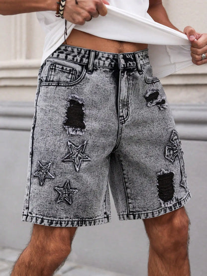 Men's Summer Denim Shorts. Straight-leg fit. Ripped design. Dark gray denim embroidered shorts