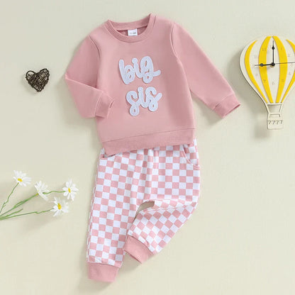 Baby Toddler Kids 2Pcs Big Sis / Bro Fall Outfit Long Sleeve Letter Embroidery Pullover + Checkered Pants Set