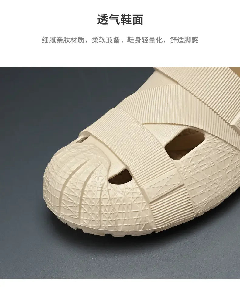 Summer Men's Outdoor Hollow Sandals Flat Bottom Non Slip Women's Garden Beach Breathable Soft Bottom Sneakers Large Sandals