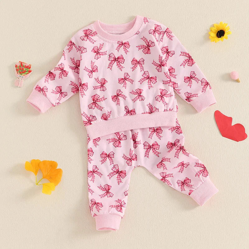 Baby Toddler Girls 2Pcs Fall Jogger Set Long Sleeve O Neck Bow Print Top Drawstring Pants Outfit