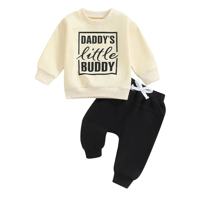 Baby Toddler Boys 2Pcs Daddy's Little Buddy Fall Outfit Letter Print Long Sleeve Round Neck Top and Solid Color Pants Set