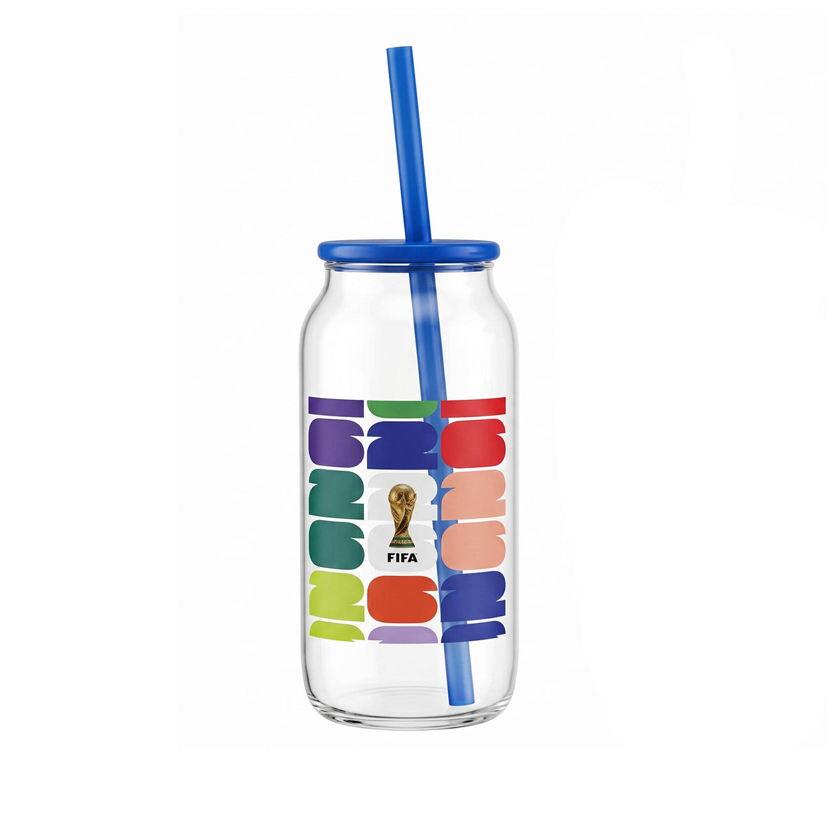 FIFA Trophy Glass Sipper with Blue Plastic Lid & Straw 18 OZ.