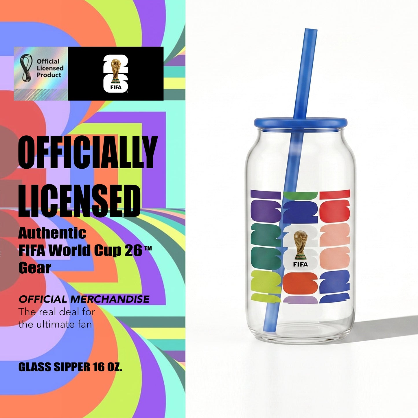 FIFA Trophy Glass Sipper with Blue Plastic Lid & Straw 18 OZ.