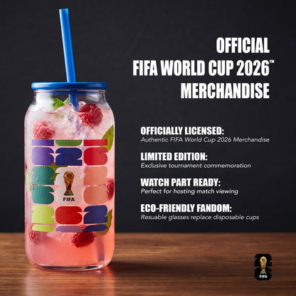 FIFA Trophy Glass Sipper with Blue Plastic Lid & Straw 18 OZ.