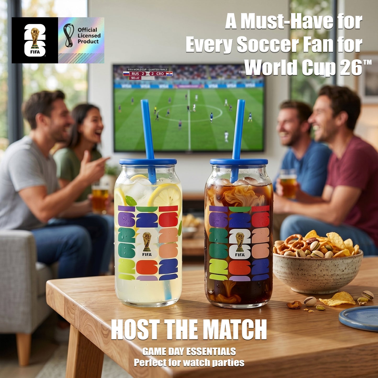 FIFA Trophy Glass Sipper with Blue Plastic Lid & Straw 18 OZ.