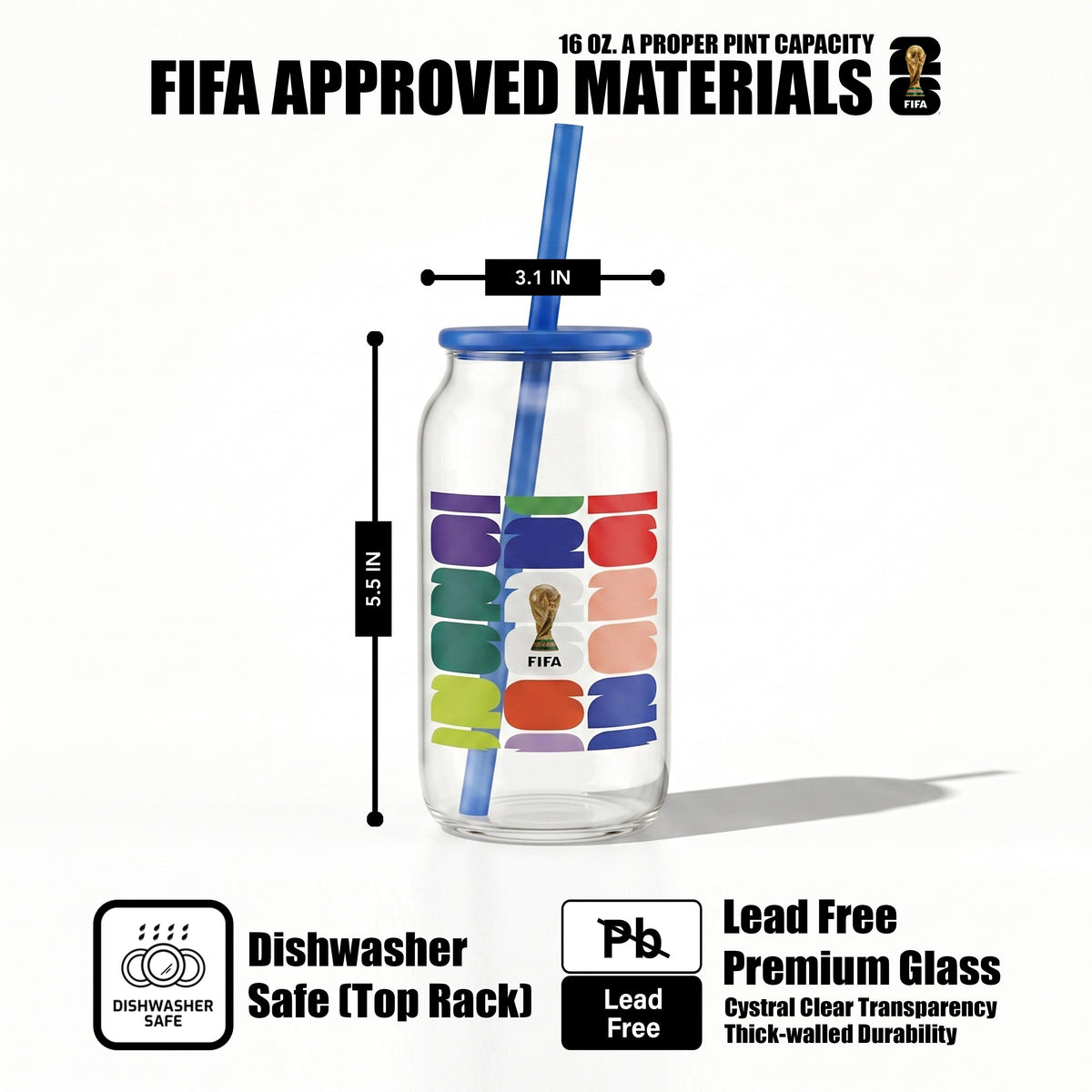 FIFA Trophy Glass Sipper with Blue Plastic Lid & Straw 18 OZ.