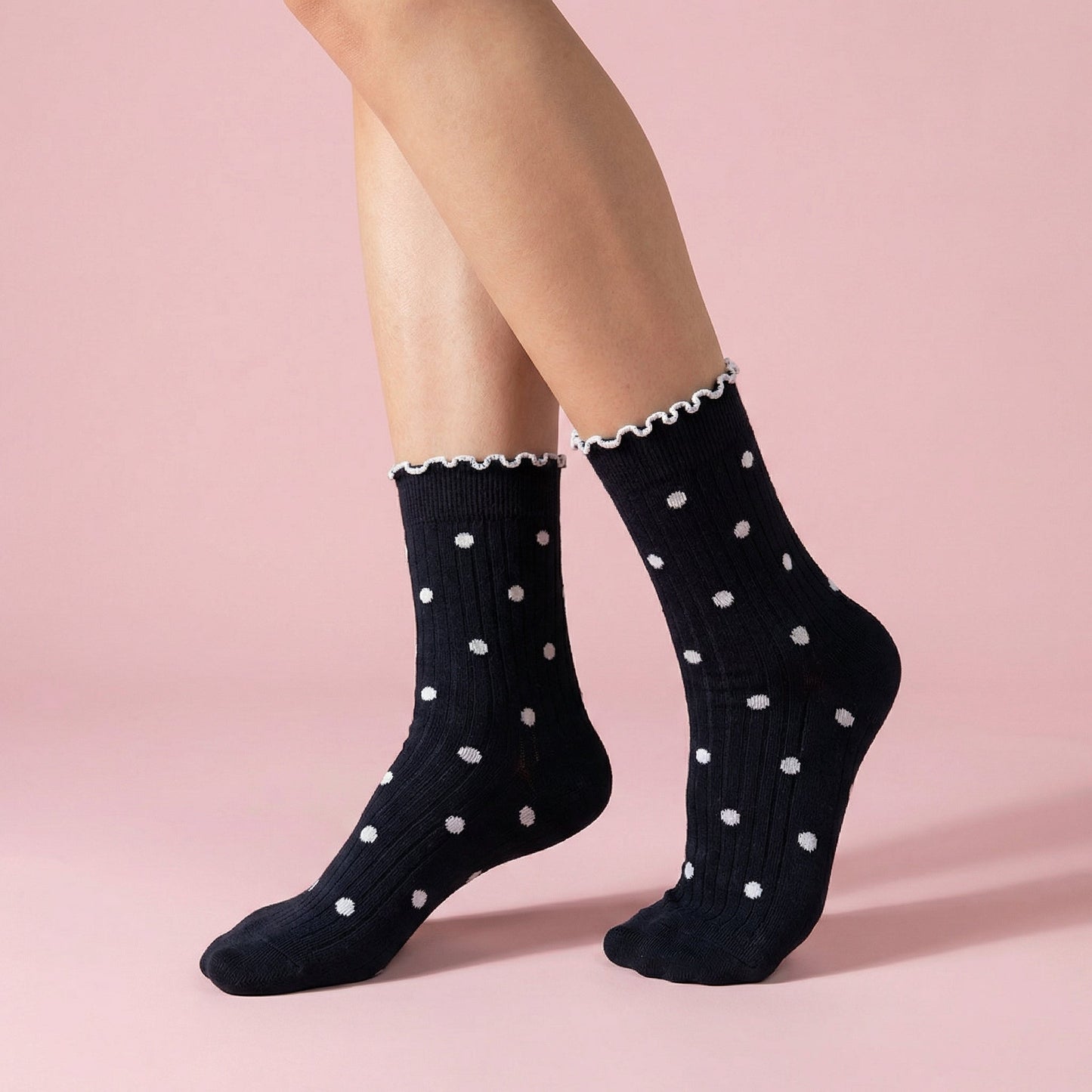 Anna-Kaci 3 Pairs Women's Mid-Calf Polka Dot Socks with Lettuce Edge Cuff