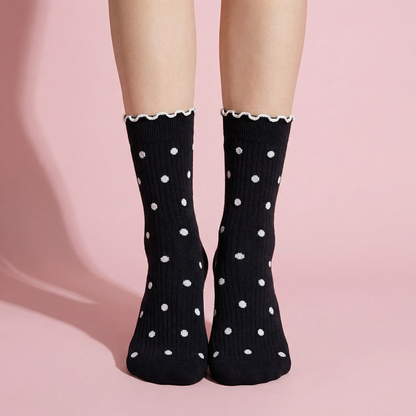 Anna-Kaci 3 Pairs Women's Mid-Calf Polka Dot Socks with Lettuce Edge Cuff