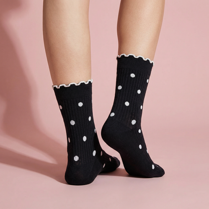 Anna-Kaci 3 Pairs Women's Mid-Calf Polka Dot Socks with Lettuce Edge Cuff