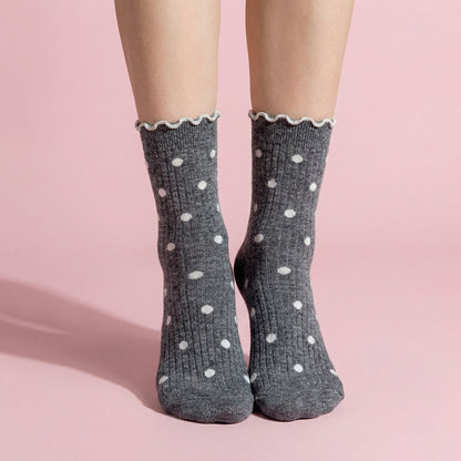 Anna-Kaci 3 Pairs Women's Mid-Calf Polka Dot Socks with Lettuce Edge Cuff