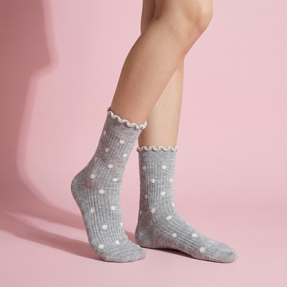 Anna-Kaci 3 Pairs Women's Mid-Calf Polka Dot Socks with Lettuce Edge Cuff