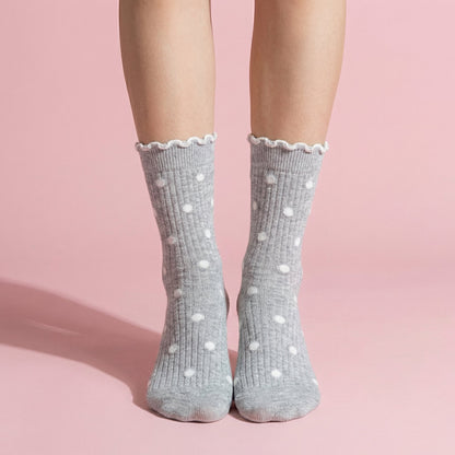 Anna-Kaci 3 Pairs Women's Mid-Calf Polka Dot Socks with Lettuce Edge Cuff