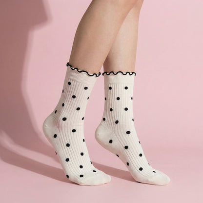 Anna-Kaci 3 Pairs Women's Mid-Calf Polka Dot Socks with Lettuce Edge Cuff