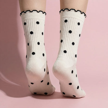 Anna-Kaci 3 Pairs Women's Mid-Calf Polka Dot Socks with Lettuce Edge Cuff