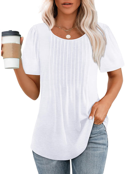 🌞Women's Short Sleeve Pleated Dressy Casual Scooped Neck Tops