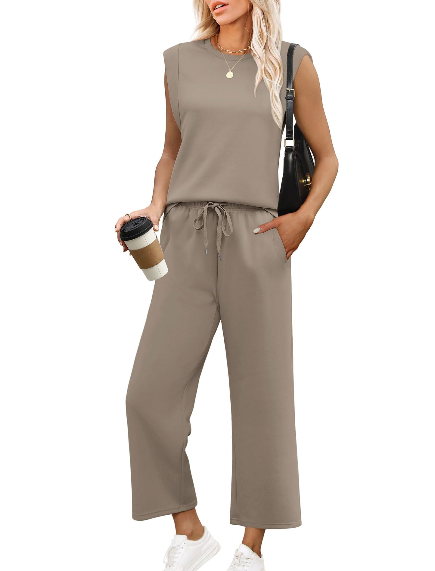 ✨Women's Casual Cap Sleeve Top Wide Leg Crop Pants Two Piece Sets