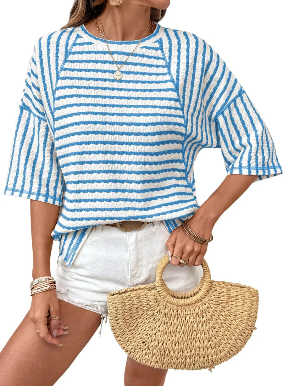 Women Stripe Textured Knit Split Hem Top