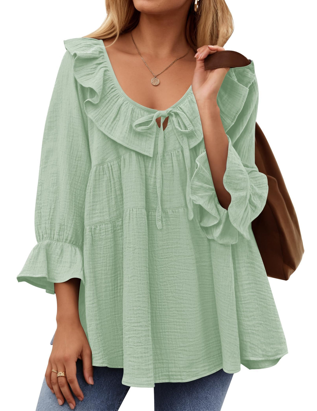 ✨2025 New Women’s Scoop Neck 3/4 Length Sleeve Tie Front Ruffle Tiered Tunic Shirts