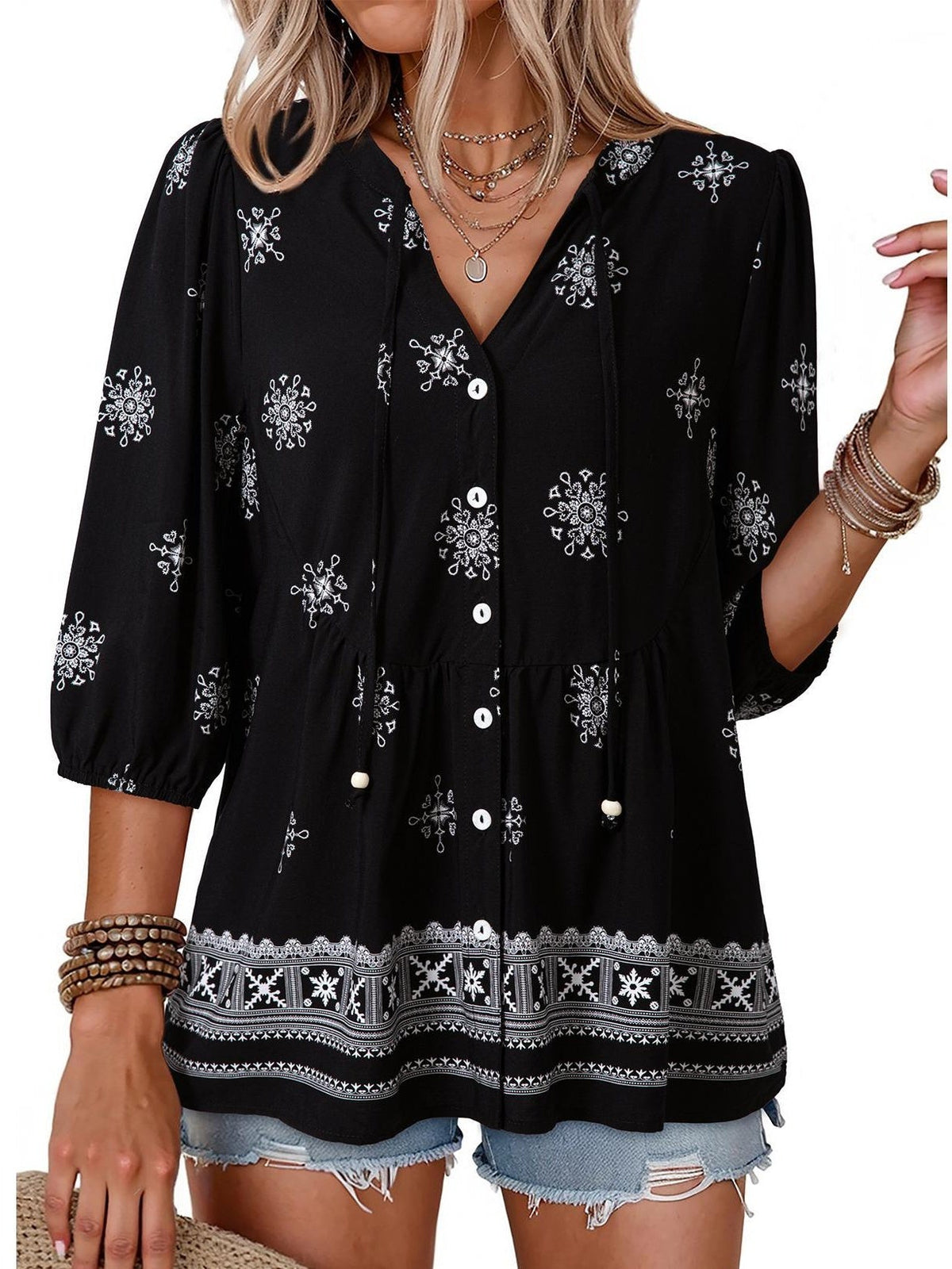 Women's Boho Floral V-Neck Button-Down Peplum Blouse