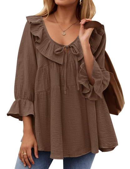 ✨2025 New Women’s Scoop Neck 3/4 Length Sleeve Tie Front Ruffle Tiered Tunic Shirts