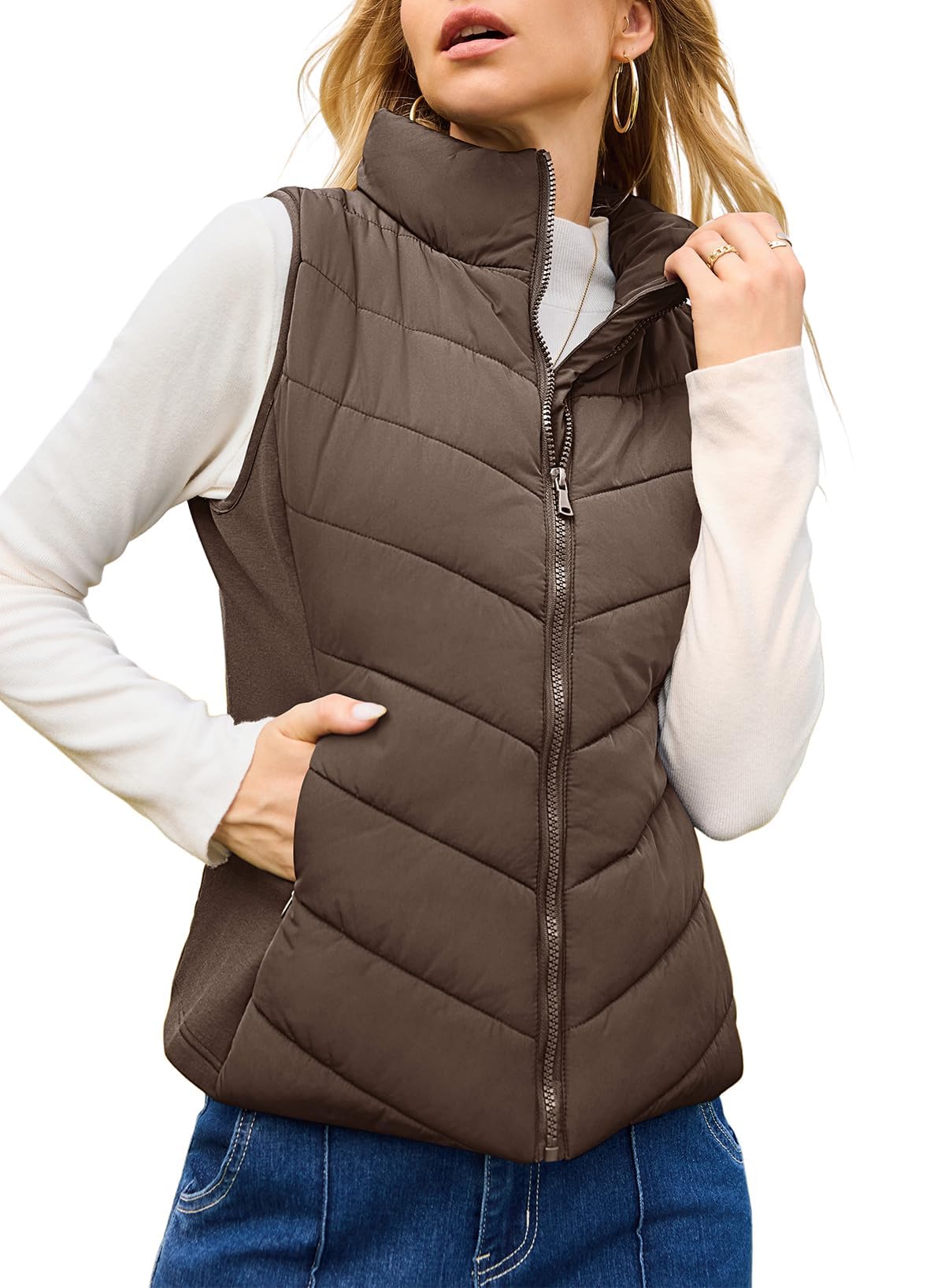 ✨Womens Sleeveless Zip Up Outerwear Stand Collar Quilted Puffer Vest