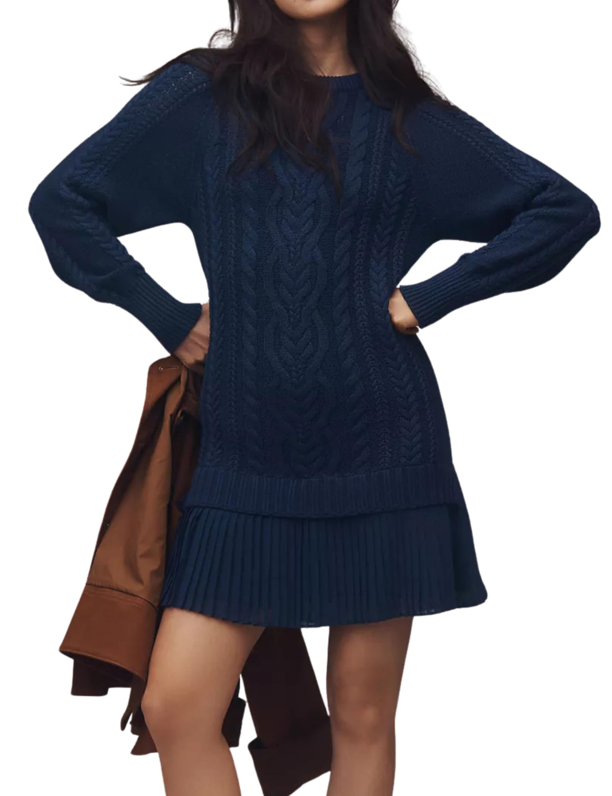 ✨Women Crewneck Cable Knit Sweater Mini Dress