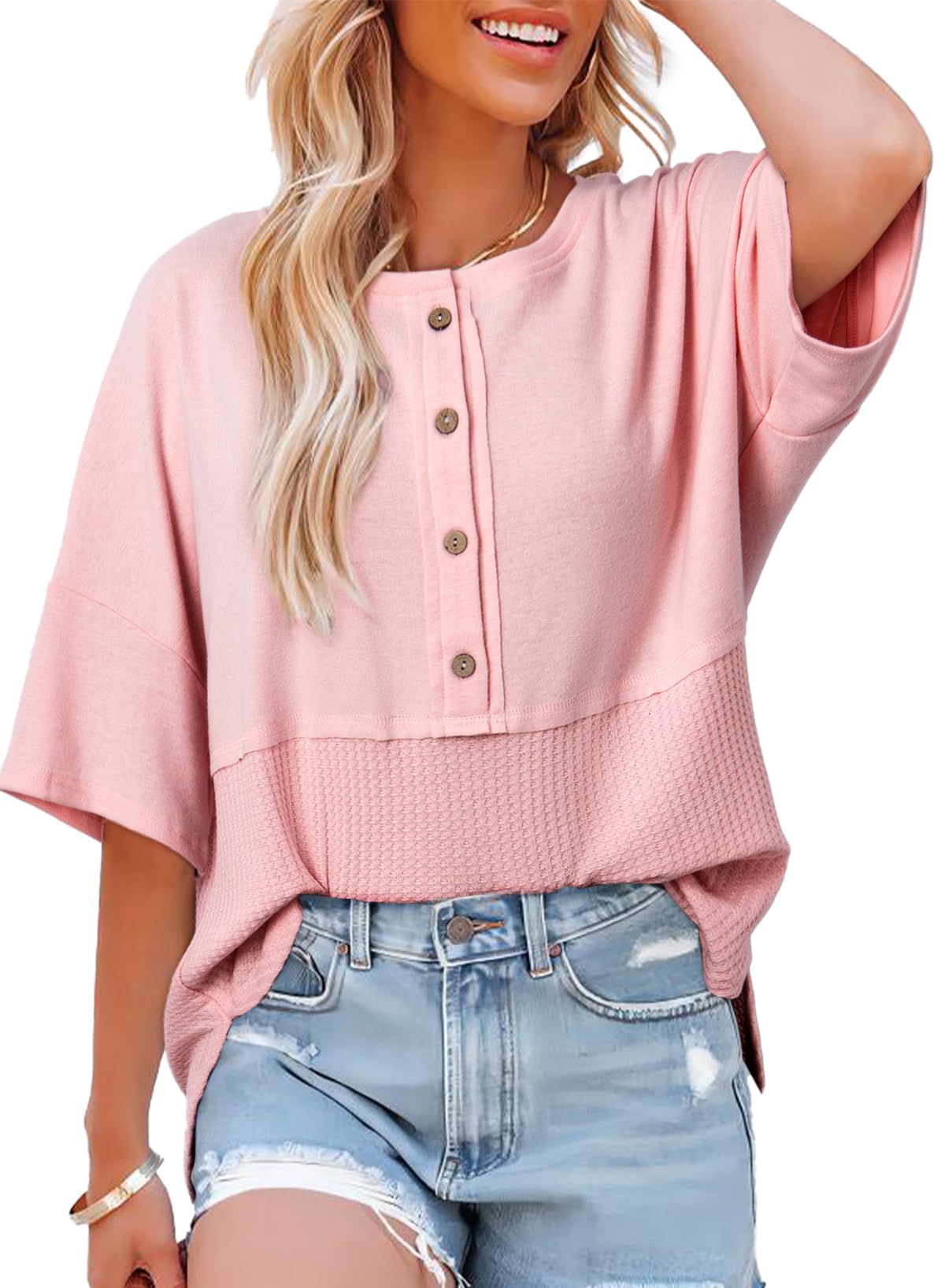 ✨Women's 3/4 Sleeve Casual Button Down Waffle Knit Tops