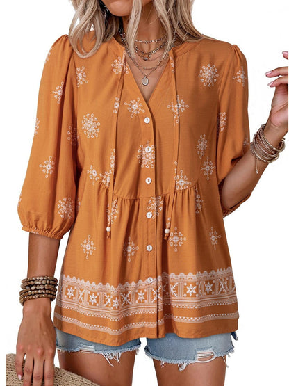 Women's Boho Floral V-Neck Button-Down Peplum Blouse