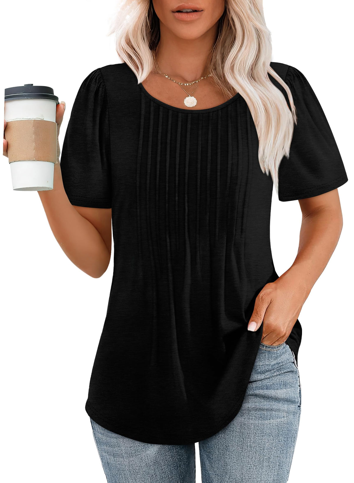 🌞Women's Short Sleeve Pleated Dressy Casual Scooped Neck Tops