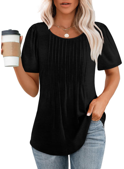 🌞Women's Short Sleeve Pleated Dressy Casual Scooped Neck Tops