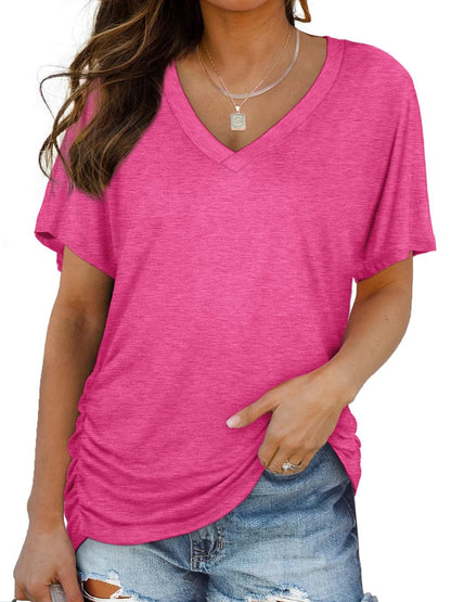 Women's Short Sleeve V Neck Dolman Tops with Side Shirring