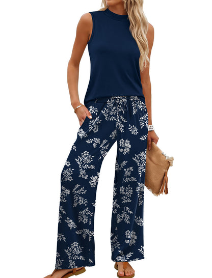 Women's Mock Neck Tank & Floral Wide Leg Pants Set