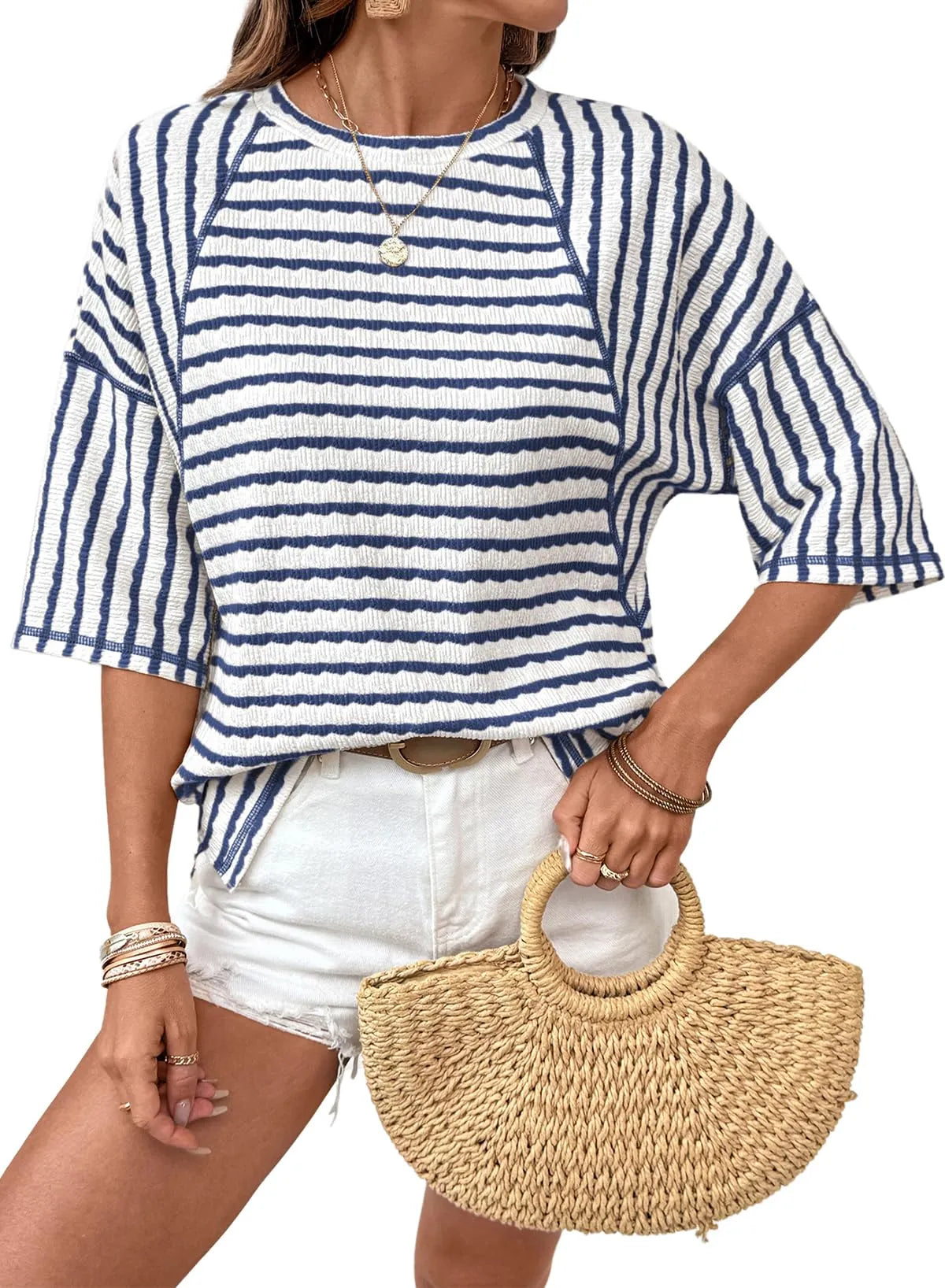 Women Stripe Textured Knit Split Hem Top