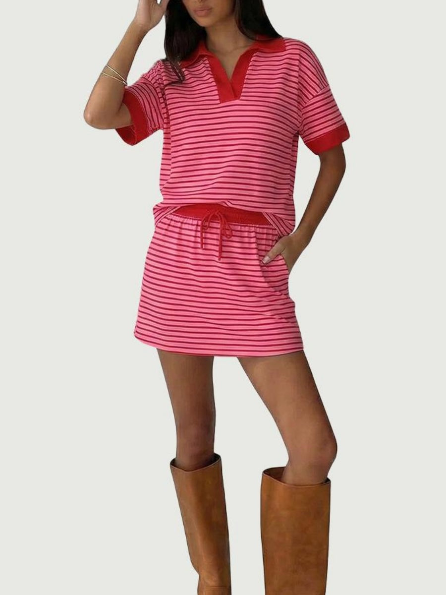 Women's Striped V-Neck Polo Top & Built-in Short Skort 2 Piece Lounge Set