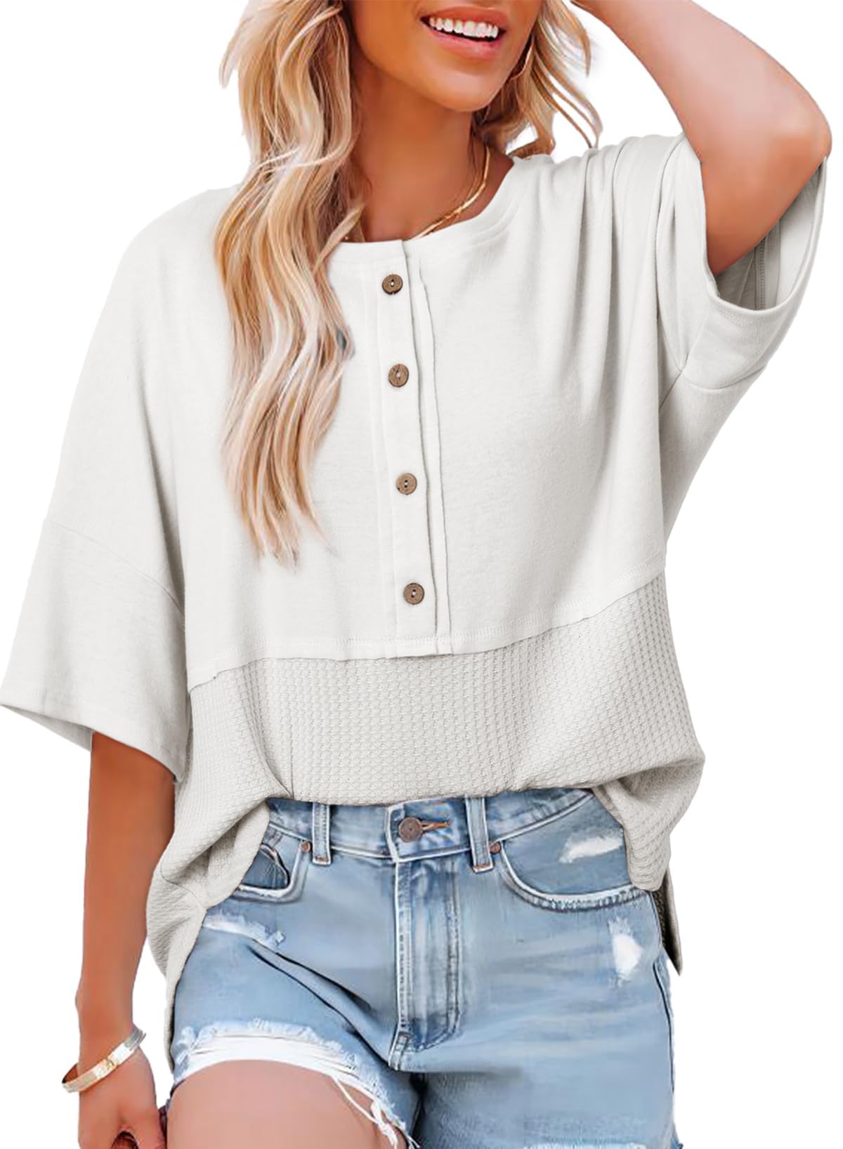 ✨Women's 3/4 Sleeve Casual Button Down Waffle Knit Tops
