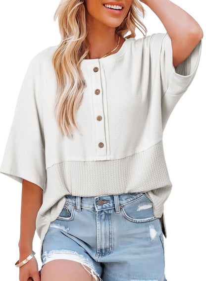 ✨Women's 3/4 Sleeve Casual Button Down Waffle Knit Tops