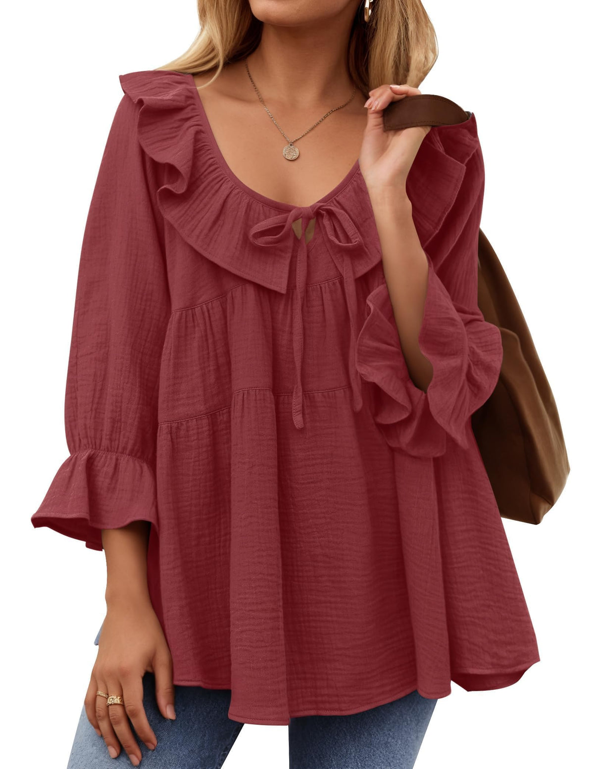 ✨2025 New Women’s Scoop Neck 3/4 Length Sleeve Tie Front Ruffle Tiered Tunic Shirts