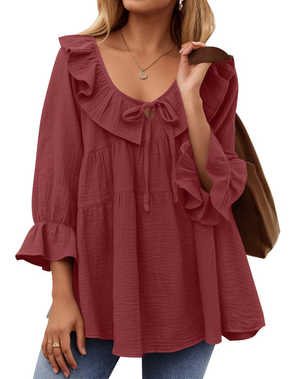 ✨2025 New Women’s Scoop Neck 3/4 Length Sleeve Tie Front Ruffle Tiered Tunic Shirts