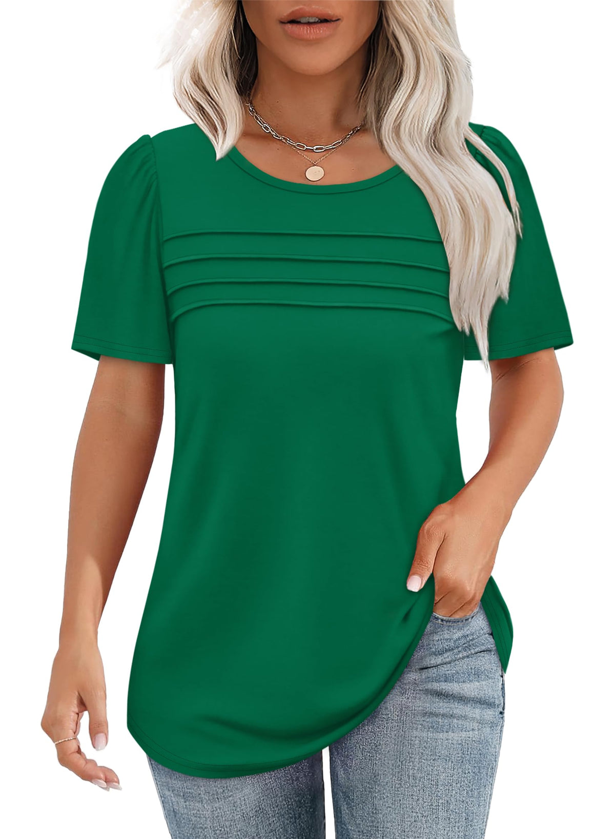 ✨Women's Short Sleeve Pleated Front Scooped Neck Tops