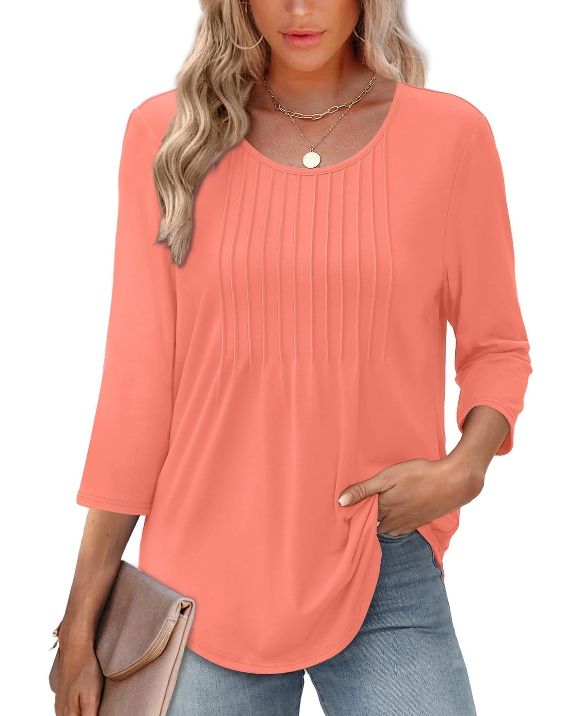 ✨Women's 3/4 Length Sleeve Crewneck Casual Pleated Tunic Tops