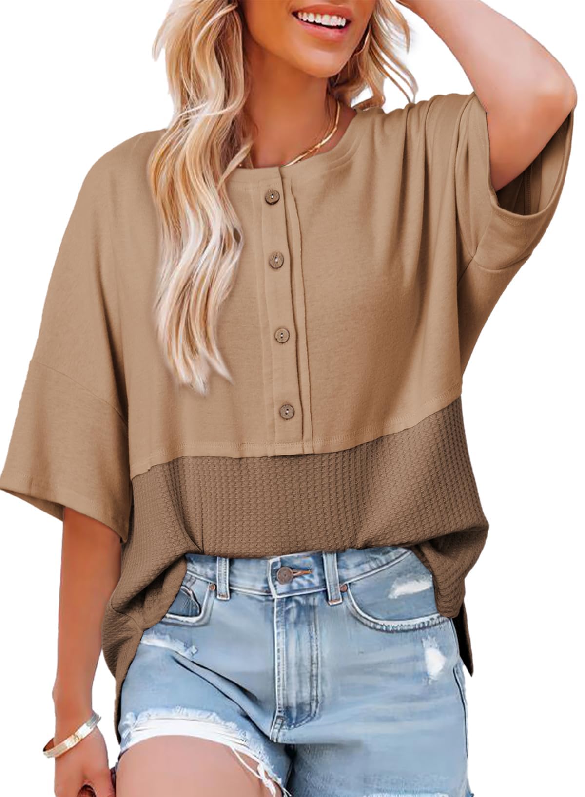 ✨Women's 3/4 Sleeve Casual Button Down Waffle Knit Tops