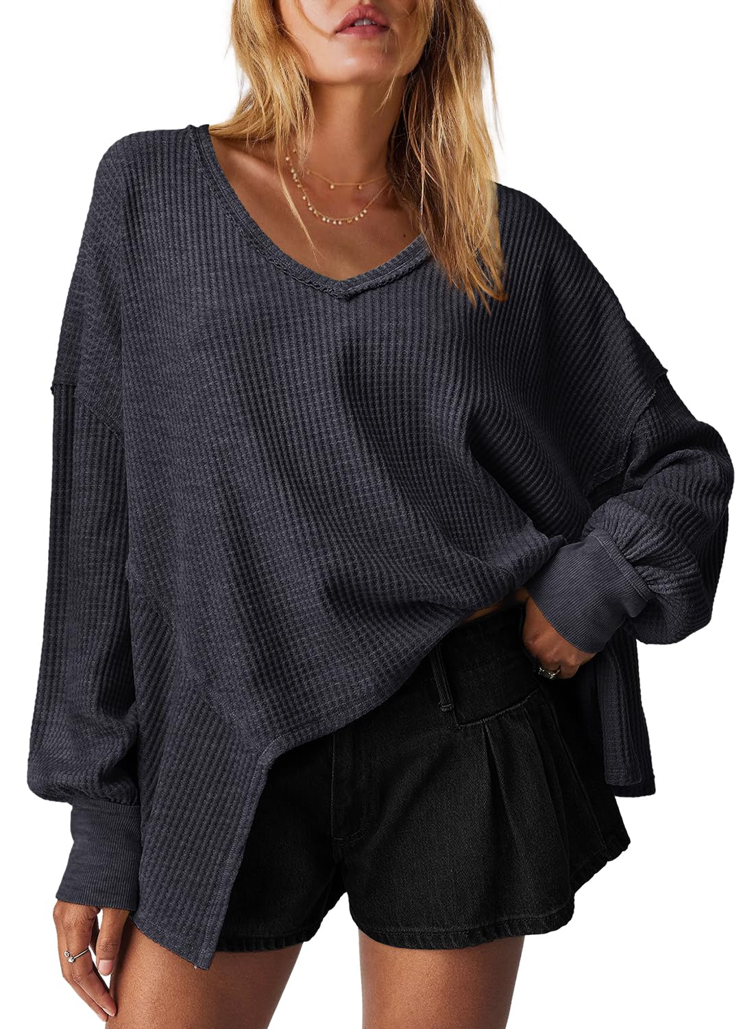 Women's Waffle Knit Oversized V Neck Batwing Long Sleeve Tops