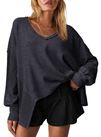 Women's Waffle Knit Oversized V Neck Batwing Long Sleeve Tops