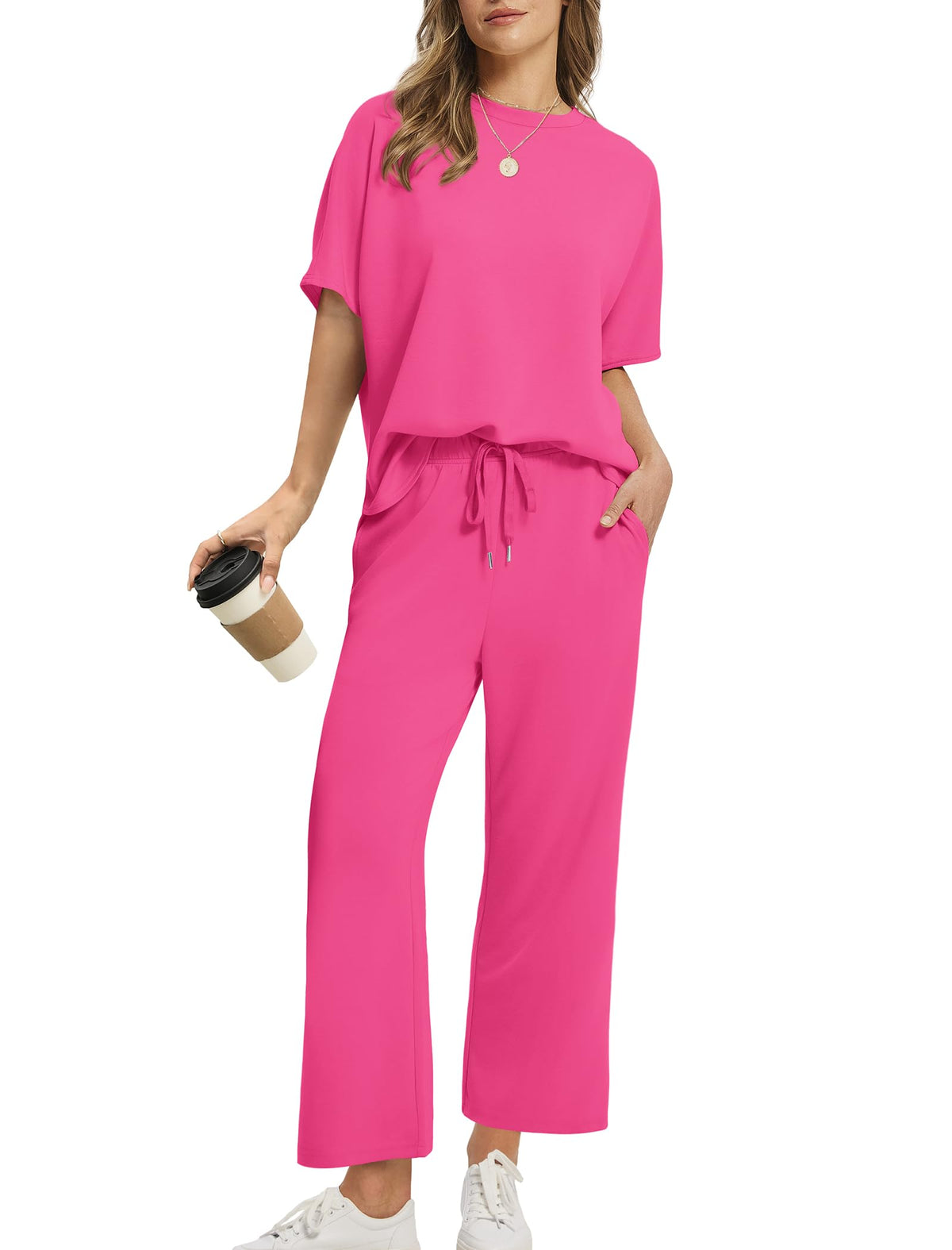 2026 Women Oversized Tshirt and Wide Leg Crop Pants 2 Piece Sets
