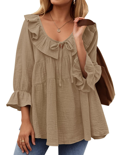 ✨2025 New Women’s Scoop Neck 3/4 Length Sleeve Tie Front Ruffle Tiered Tunic Shirts