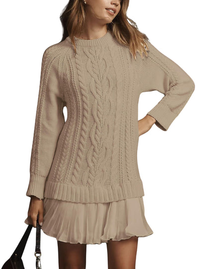 ✨Women Crewneck Cable Knit Sweater Mini Dress