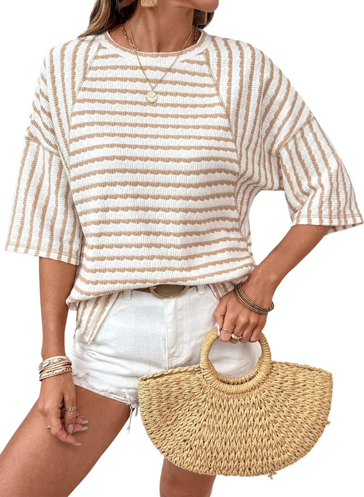 Women Stripe Textured Knit Split Hem Top