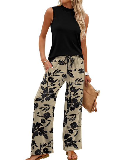 Women's Mock Neck Tank & Floral Wide Leg Pants Set